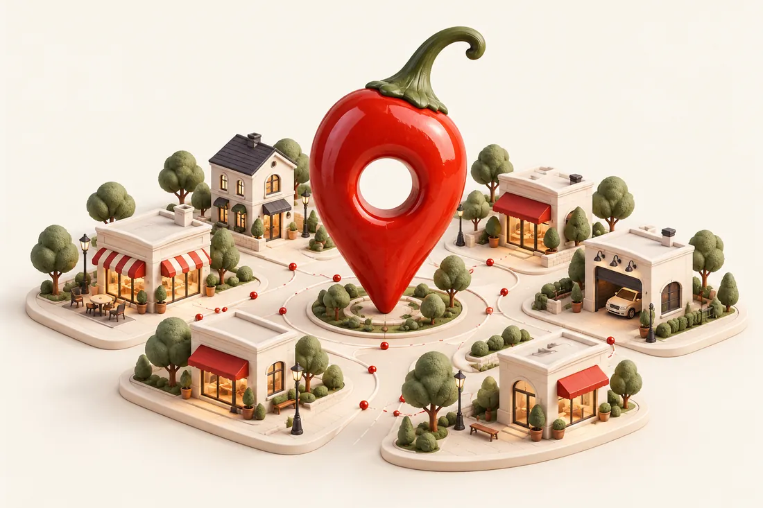 A chili-shaped map pin standing above a miniature neighborhood, illustrating a business that stands out in its local market